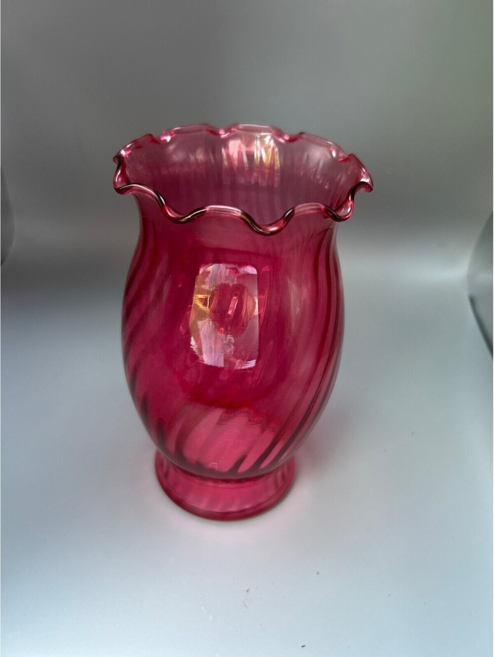 Vintage Fenton Cranberry Glass Optic Swirl Vase Ruffled Fluted Rim Mid Century